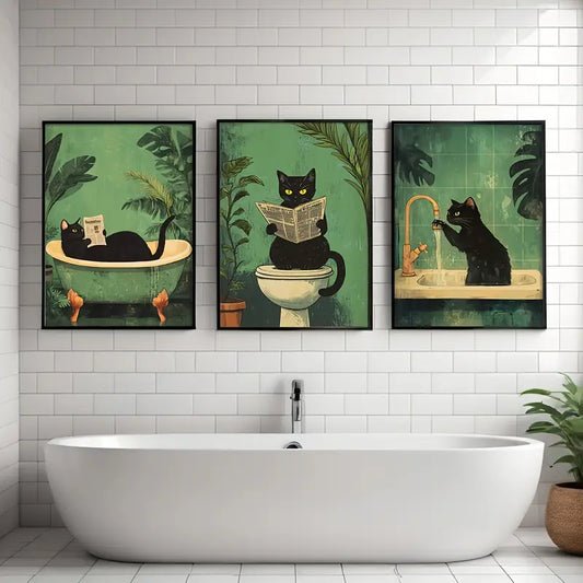 Set of 3 Funny Black Cat Bathroom Wall Art Prints – Framed