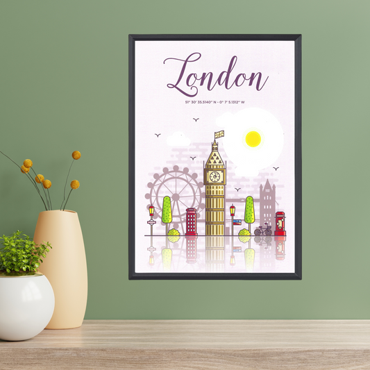 London City Cartoon Poster – Modern Art Design (A4, Framed)