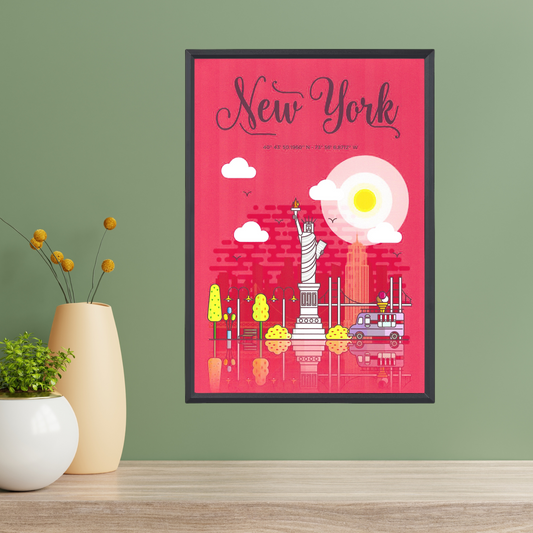 New York City Cartoon Poster – Modern Art Design (A4, Framed)