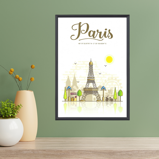 Paris City Cartoon Poster – Modern Art Design (A4, Framed)