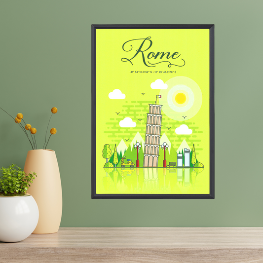 Rome City Cartoon Poster – Modern Art Design (A4, Framed)