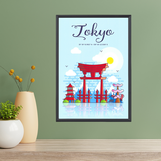 Tokyo City Cartoon Poster – Modern Art Design (A4, Framed)