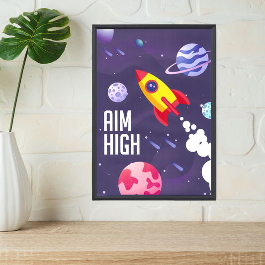 Aim High Modern Art Poster – Space Tour & Inspirational Quotes (A4, Framed)