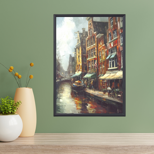 Amsterdam Vintage Art Print – Oil Painting Style (A4, Framed)