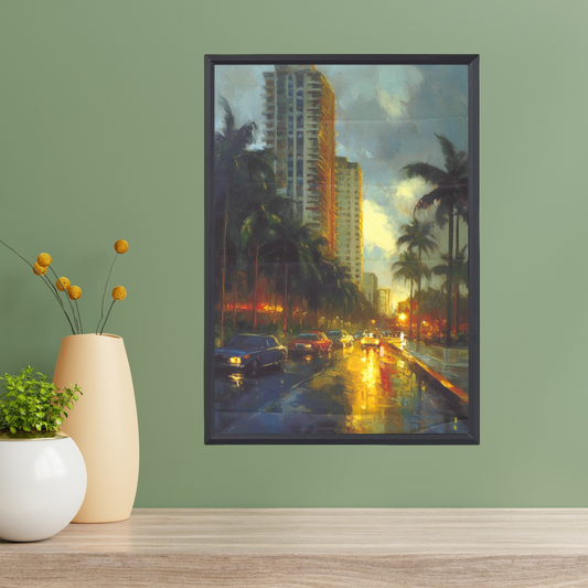 Miami Vintage Art Print – Oil Painting Style (A4, Framed)