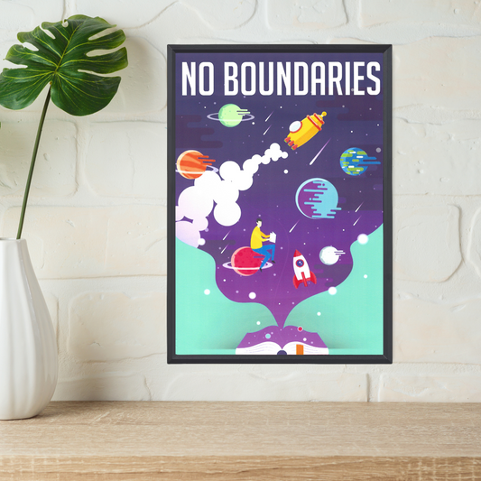 No Boundaries Modern Art Poster – Space Tour & Inspirational Quotes (A4, Framed)