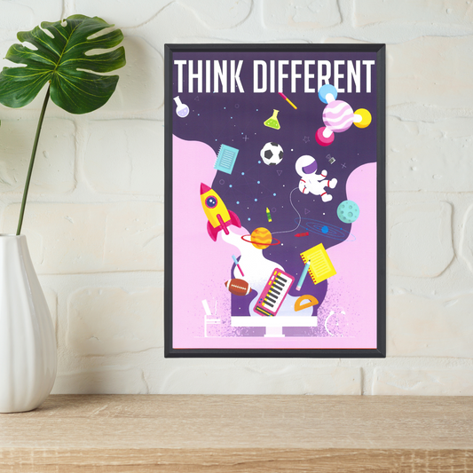 Think Different Modern Art Poster – Space Tour & Inspirational Quotes (A4, Framed)