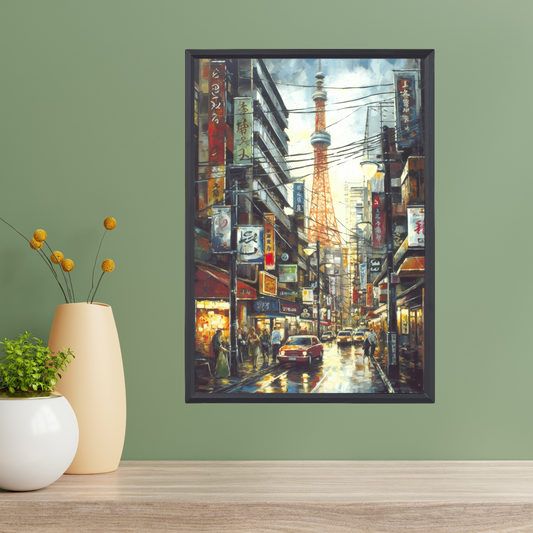 Tokyo Vintage Art Print – Oil Painting Style (A4, Framed)