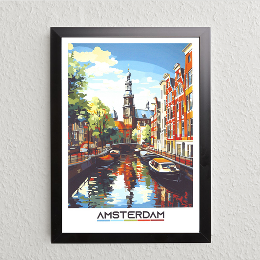 Amsterdam Street View Art Print – Modern Illustration (A5, Framed)