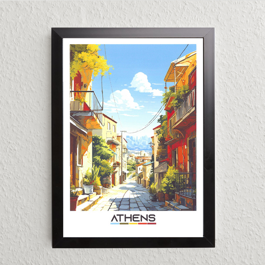 Athens Street View Art Print – Modern Illustration (A5, Framed)