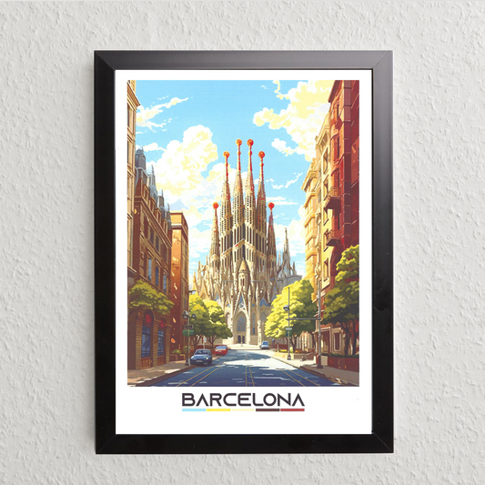 Barcelona Street View Art Print – Modern Illustration (A5, Framed)