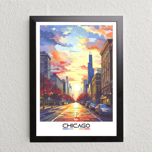 Chicago Street View Art Print – Modern Illustration (A5, Framed)
