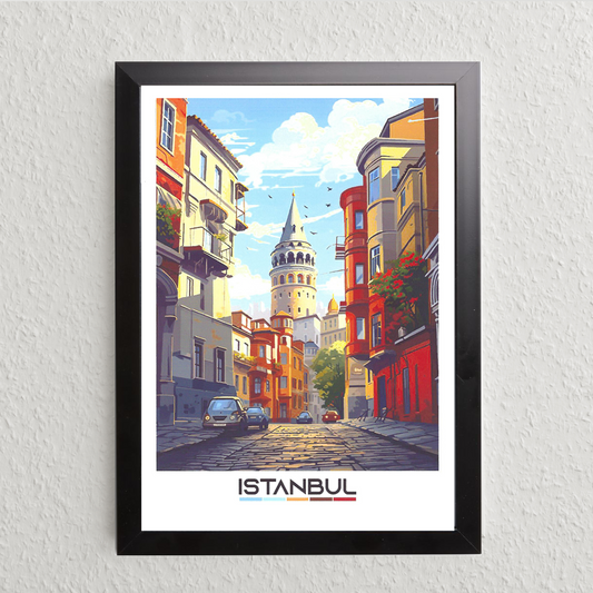 Istanbul Street View Art Print – Modern Illustration (A5, Framed)