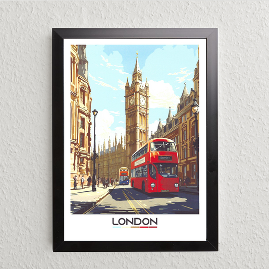 London Street View Art Print – Modern Illustration (A5, Framed)