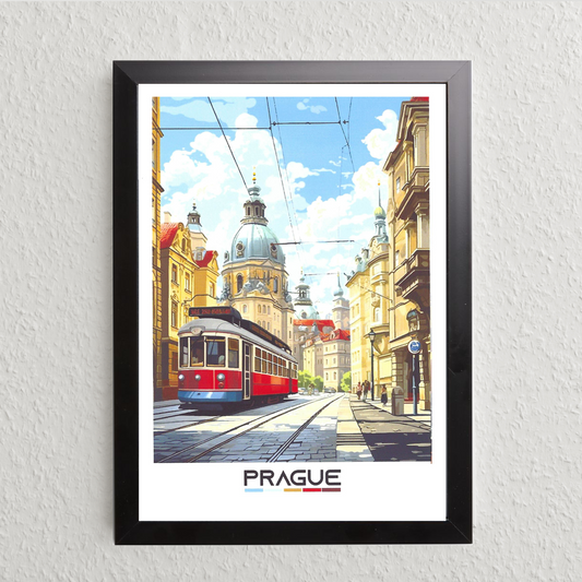 Prague Street View Art Print – Modern Illustration (A5, Framed)