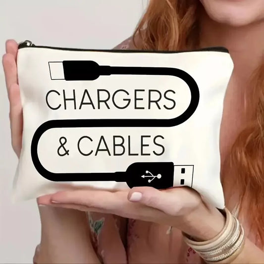 "Chargers & Cables" Bag with Zipper – Lightweight Travel Pouch, Easy-Clean Canvas